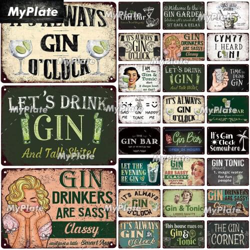 [MyPlate] Gin O'Clock Plaque Metal Vintage Bar Furniture Plates Tiki Bar Sign Vintage Decor Man Cave Personalized Plate
