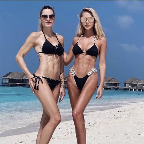 The new crystal diamond womens bathing suit with plain color lace and sexy backless bikini suit