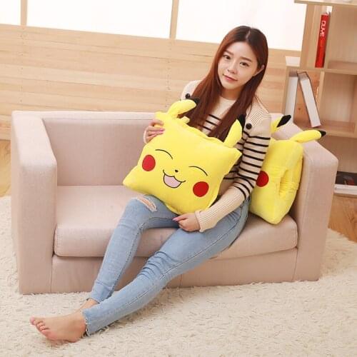 Pokémon Pikachu Plush Toy Pillow Blanket Hand Warmer Three-in-One Kawaii Yellow Elf Square Plush Stuffed Pillow Childrens Gift