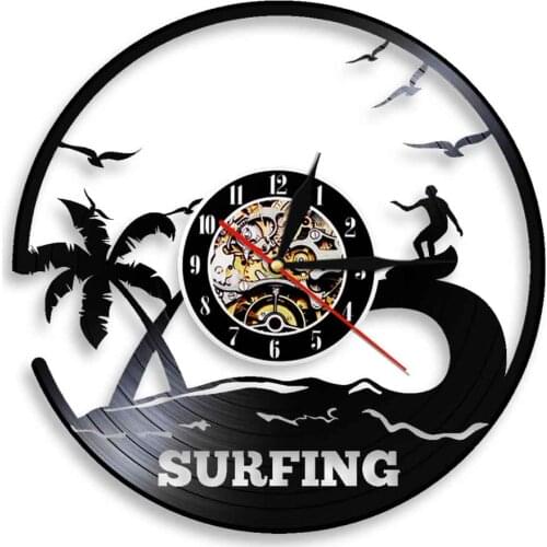 Outdoor Water Sport Summer Time Surfing Wall Clock Modern Design Windsurfing Vinyl Record Wall Clock Gift For Surf Lover