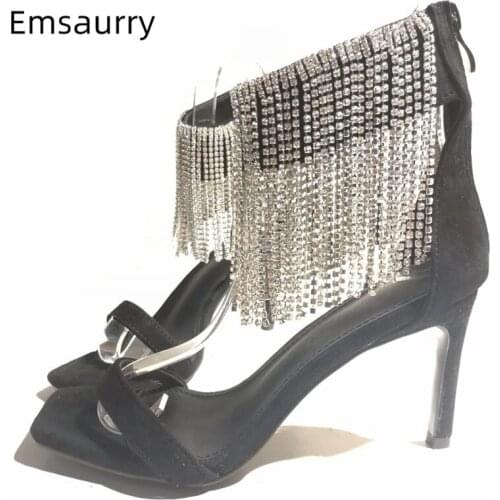 Crystal Rhinestone Tassels Gladiator Sandals Women 10cm Thin High Heel Back Zip Black Suede Summer Sandalias Mujer