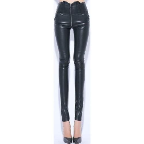 Sexy Women High Waist Pu Leather Pants Zip Fleece Lining Long Trousers Female Slim Fit Skinny Faux Leather Leggings Pencil Pants