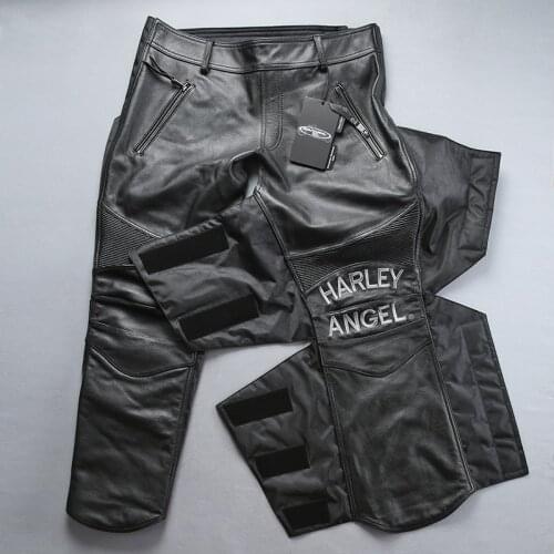 Male Genuine Leather Pants Profession Motorcycle Biker Trousers Cowskin Protective Gear Velcro Adjustable Elastic Warm Pants