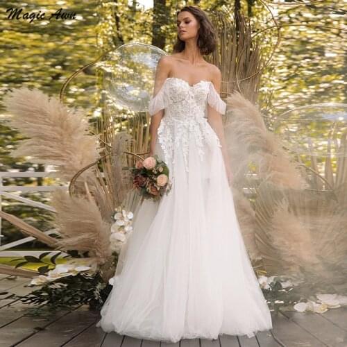 Magic Awn Off The Shoulder Boho Wedding Dresses 2021 Lace Appliques Side Slit Country Bridal Gowns A-Line Princess Vestidos