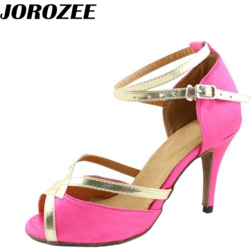 JOROZEE Latin Dance Shoes Womens Pink Satin Gold PU Salsa Squre Ballroom Dancing Shoes High Thin Heel 8.5cm Soft Outsole