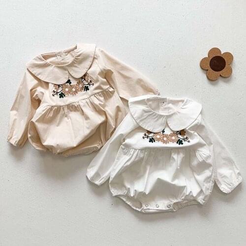 Spring Baby Girls Clothes Infant Bodysuit Long Sleeve Embroidered Doll Collar Korean Baby Jumpsuit