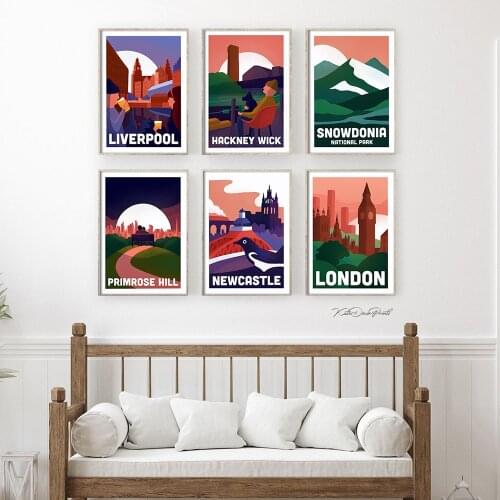 Nordic Vintage Travel Cities Poster Snowdonia Hackney Wick London Landscape Art Liverpool Canvas Painting Wall Pictures Home Dec