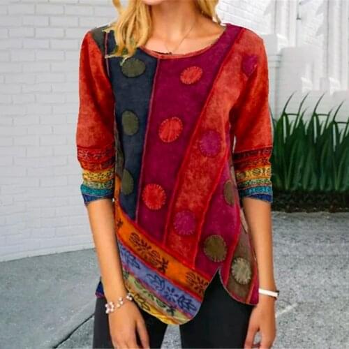 Women Vintage Print Blouse Irregular Shirts Autumn Casual O Neck Long Sleeve Pullover Tops Ladie Sexy Harajuku S-5XL T-shirt New