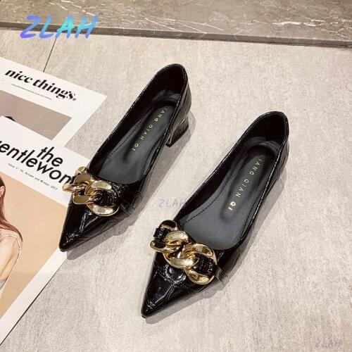 Womens New Pointed Pump High Heels Zlah Black Soft Patent Leather Suede Womens Shoes Chain Decoration Spring High Heels