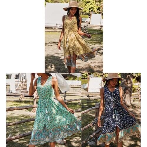 Hot Kf-Drawstring Floral Summer Dress Sleeveless Boho Elegant Dresses Women Casual Loose V-Neck Lady Sundress