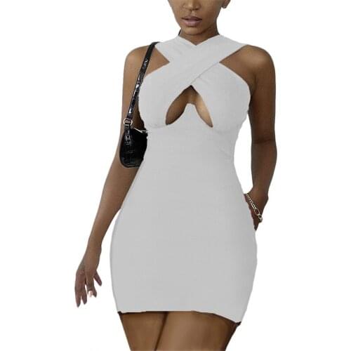 Women Wrapped Dress Fashion Sleeveless Cross Bandage Tight Cutout Sexy Slimming Summer Midi Dress Brown/White/Pink