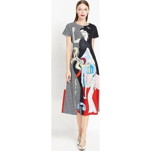 Europe Style 2020 Spring & Summer Newest Fashion O-Neck Short Sleeve A-Line Print Casual Elegant Mid-Calf Dress Women
