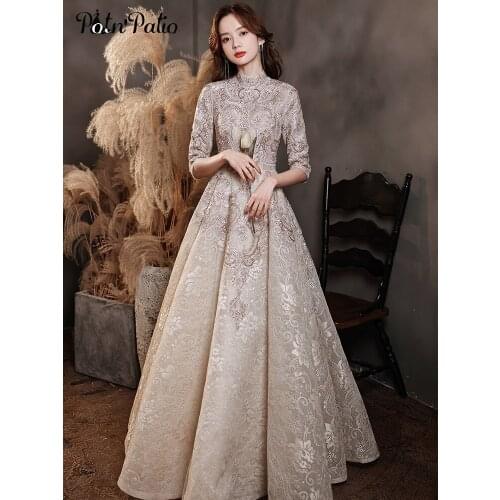 Champagne Modest Evening Dresses Long With Sleeves 2021 Luxury Beaded Appliques Lace Formal Gowns For Women