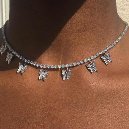 Caraquet Bling Metal 7 Pcs Butterfly Pendant Necklace Women Rhinestone Tennis Chain Choker Necklace Fashion Statement Jewelry