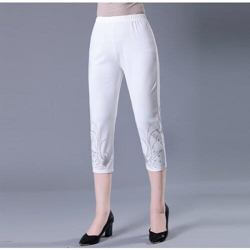 Stretch High Waist Cropped Trousers Women Black/White Pant Fashion Diamond calf-length Pants For Ladies Womens Slim Leggings