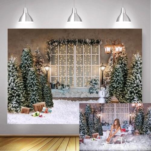 Photography Background Winter Christmas Photocall Windows Christmas Tree Backdrop Snowfield Snowman Gift Sled Photo Shoot Props