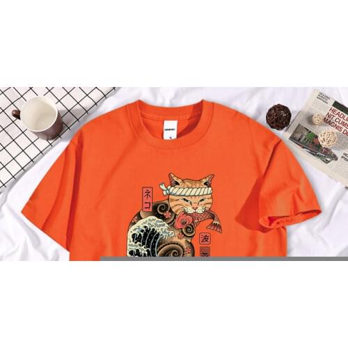 Japan Ukiyo E Style Waves Cat Printed Male Tshirts Style Slim Tshirt Fashion Comfortable T Shirts Simplicity Oversized Man Top