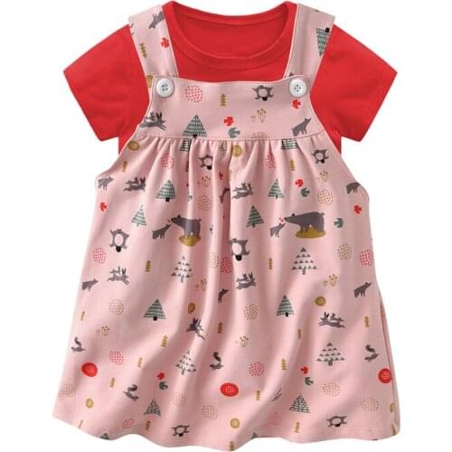 2pcs Baby Girls Dress Set Pure Cotton Baby Clothes Short Sleeve T-Shirt Tops+Floral Printed Princess Strap Dress Autumn Outfit