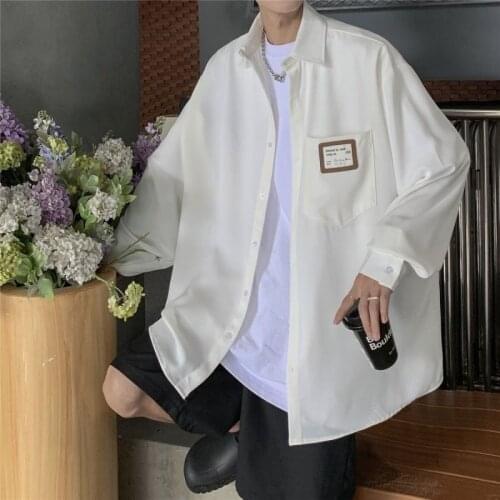 2021 Mens Solid Color Ice Silk Shirts Long Sleeve Tops Chest Patch Pocket Lapel Collar Shirts Work Clothing Camisa Masculina