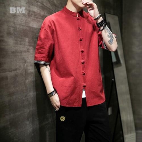 2021 Summer Plus Size Cotton Linen Short Sleeve Shirt Male Chinese Style Stand Up Collar Suit Men Clothing Harajuku Tai Chi Top