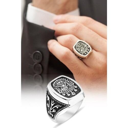 Solid 925 Sterling Silver Ottoman Coat of Arm Design Mens Ring