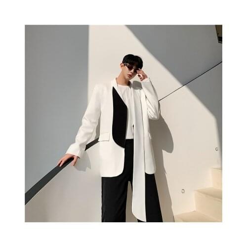 Hot New Design Cool Men Spring Suit Jacket Loose Straight Patchwork White Suit Jacket Personalized Show Men Coat
