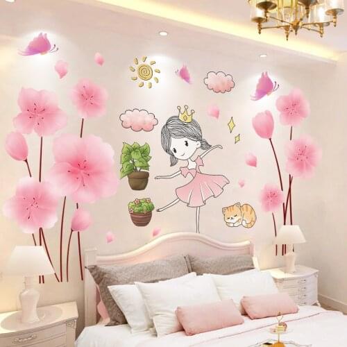 [SHIJUEHEZI] Cartoon Girl Wall Stickers DIY Flower Plants Wall Decals for Kids Rooms Baby Bedroom House Decoration Accessories