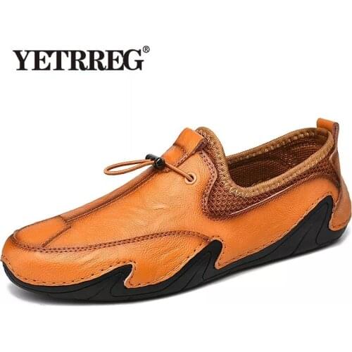 New Men Casual Shoes Summer Genuine Leather Men Loafers Moccasins Slip On Mens Flats Breathable Men Driving Shoes Size 38-46