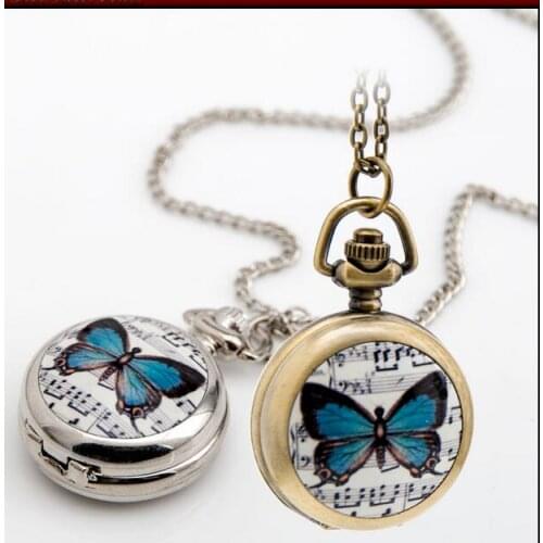 New Fashion quartz butterfly score enamel pattern Bronze, silver pendant mirror hours Necklace pocket watches