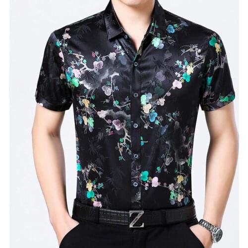 New Mens Short Sleeved Silk Shirts, Summer Casual Prints, 95% Silk Satin Shirts, Mens Half Sleeves Tops