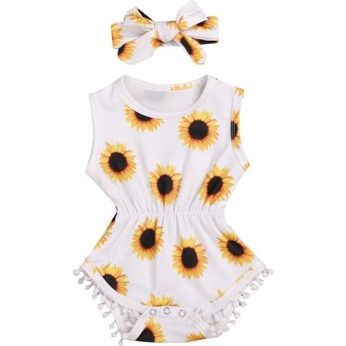 New Childrens Two Piece Set Sunflower Printed Romper Sleeveless Back Up Fold Tassels One-piece Bow Hair Band for Toddlers
