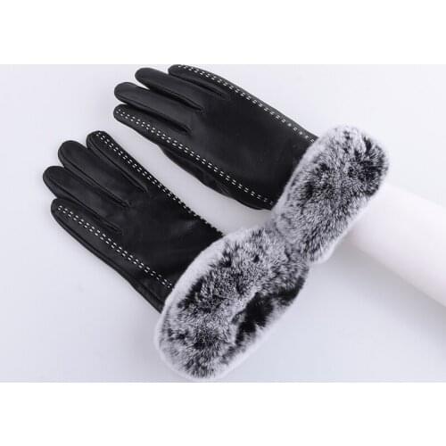 Solid Black Plaid Adult Women Gloves Wrist Fashion Genuine Leather Sheepskin Glove Female Driving