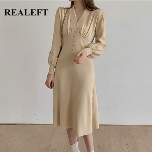 REALEFT Autumn Winter Lantern Sleeve Elegant Knitting A-Line Dresses Long Sleeve V-Neck Buttons Office Lady Sweater Dress Female