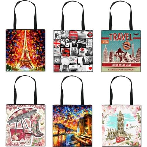 London Landscape / Eiffel Tower Casual Totes Bag Women Travel Shoulder Bags Ladies Portable Shopping Bag Teenager Girl Handbag