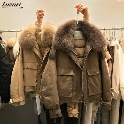 Luzuzi Real Fox Fur Down Jacket Women 2021 Winter 90% White Duck Down Coat Female Short Loose Big Pocket Puffer Snow Outwear