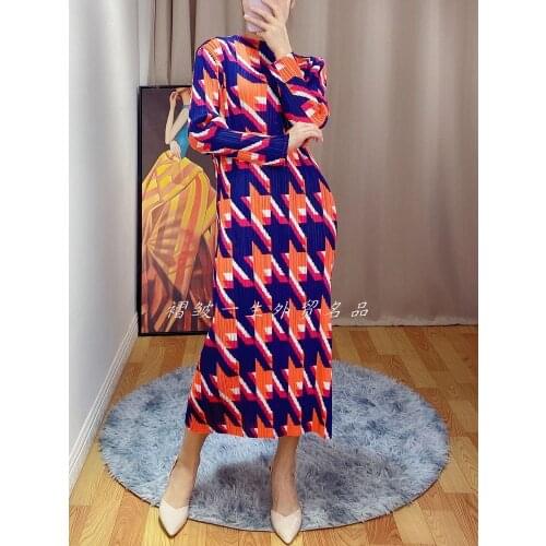 HOT SELLING Miyake fold stand neck Folded Houndstooth print Dress IN STOCK