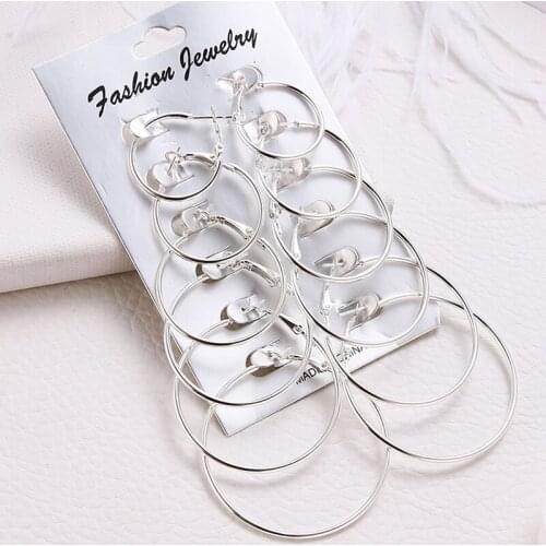 FNIO 6 Pairs/set Vintage Silver Color Multiple Dangle Big Circle Hoop Earrings for Women Steampunk Earring 2020 New Jewelry Gift