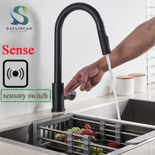 Smart Sense Kitchen Faucet Matte Black Pull Out Sensor Faucets tap Brushed gold/nickel Swivel Crane two Outlet Water Mixer Taps