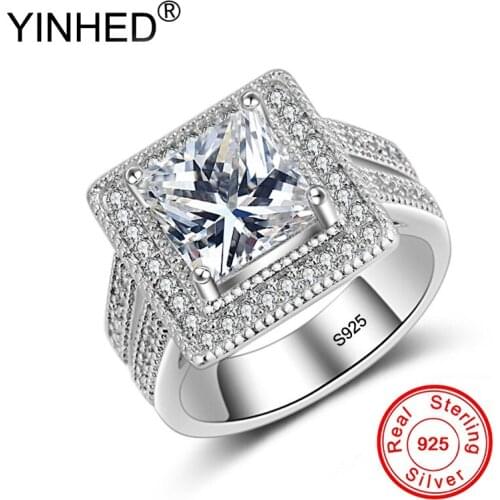YINHED Luxury Vintage Jewelry Big Rings for Women and Men 925 Sterling Silver Princess Square Cubic Zirconia Wedding Ring ZR342