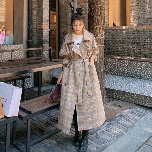 Womens Windbreaker Long 100% Cotton Retro All-match Loose Big Size Jacket Casual Lapel Wear A Belt Thick Trench Coat Female F1