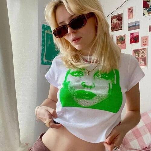 Y2K Ladies Summer Round Collar T-shirt Creative Human Face Printing Short Sleeve Midriff-baring Tops Slim Base Shirt