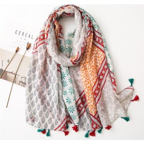 Spring Summer Hijab Scarf Shawl Patchwork Printed Ladies Head Wraps Tassel Muslim Turbans