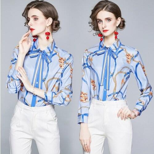 POLO Neck chemise femme Bow Tie Sky Blue blouse women Gold Chain Printing camisas de mujer Full Long Sleeve blusas mujer OL Lady