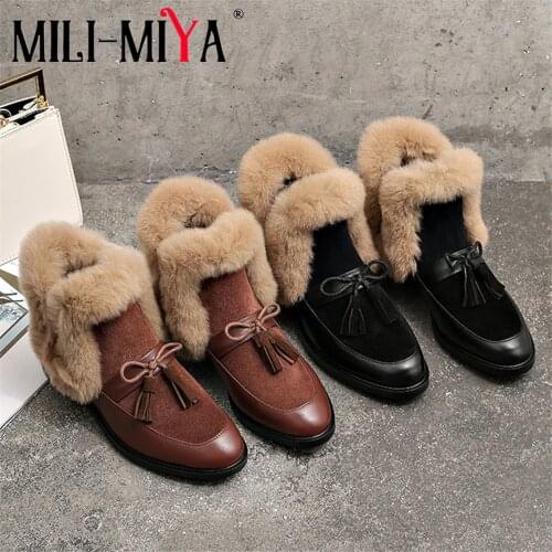MILI-MIYA Women Genuine Leather Snow Boots Slip-On Rabbit Hair Butterfly-Knot Fringe Warm Fur Round Toe Plus Size 34-40 Winter