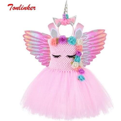 Girls Halloween Flowers Unicorn Costume Pink Tutu Fancy Dress Birthday Party Dresses Princess Cosplay Dressing Up