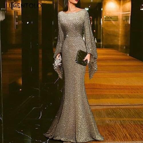 Women Party Dress Slim Long Sleeve Spring Autumn Dresses Ladies O-neck Shiny Dinner O-neck Long Dress