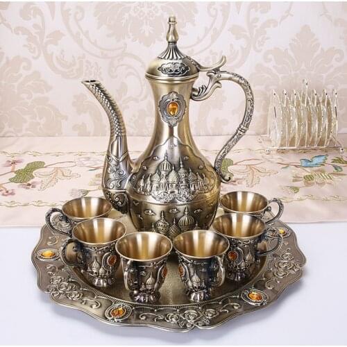 8pcs/lot Liquor wine set retro bronze wine glass hip flask carving European style living room table decoration