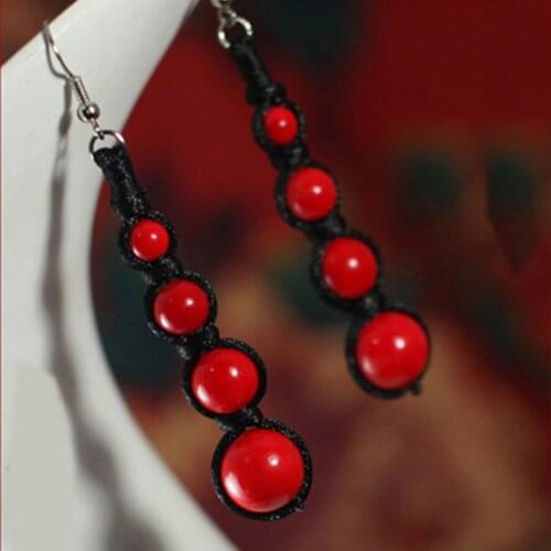 BOEYCJR Ethnic Vintage Jewelry String Red Natural Stone Beads Shape Drop Dangle Hook Earrings For Women Aretes Ohrringe
