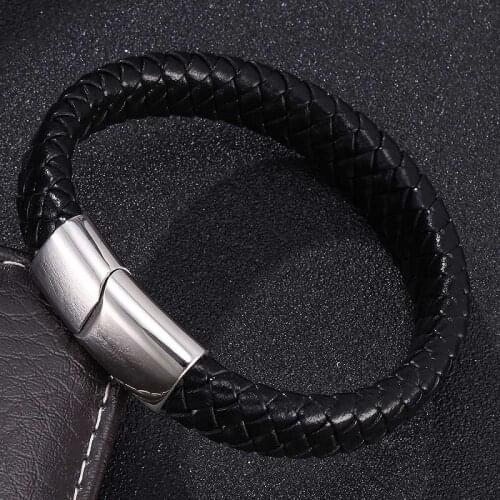 Fashion Magnetic Buckle Black Leather Braided Men Bracelet Bangles Charm Unisex Wrist Band Jewelry Gifts ST736