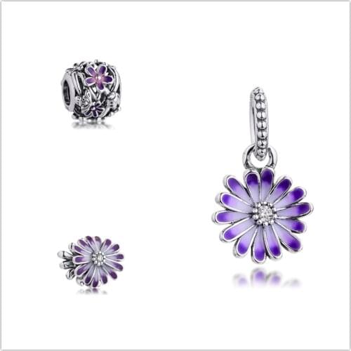 Fits Pandora Bracelet Purple Flower Charm Real 925 Sterling Silver Garden Charms Beads Women Jewelry DIY Making rosario kralen